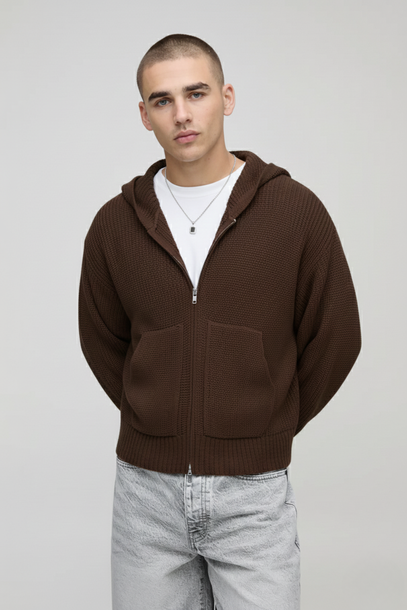 Premium Knitted Zip-Up Hoodie - In Brown