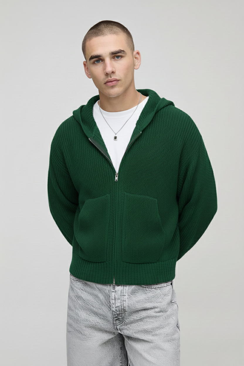 Premium Knitted Zip-Up Hoodie - In Dark Green