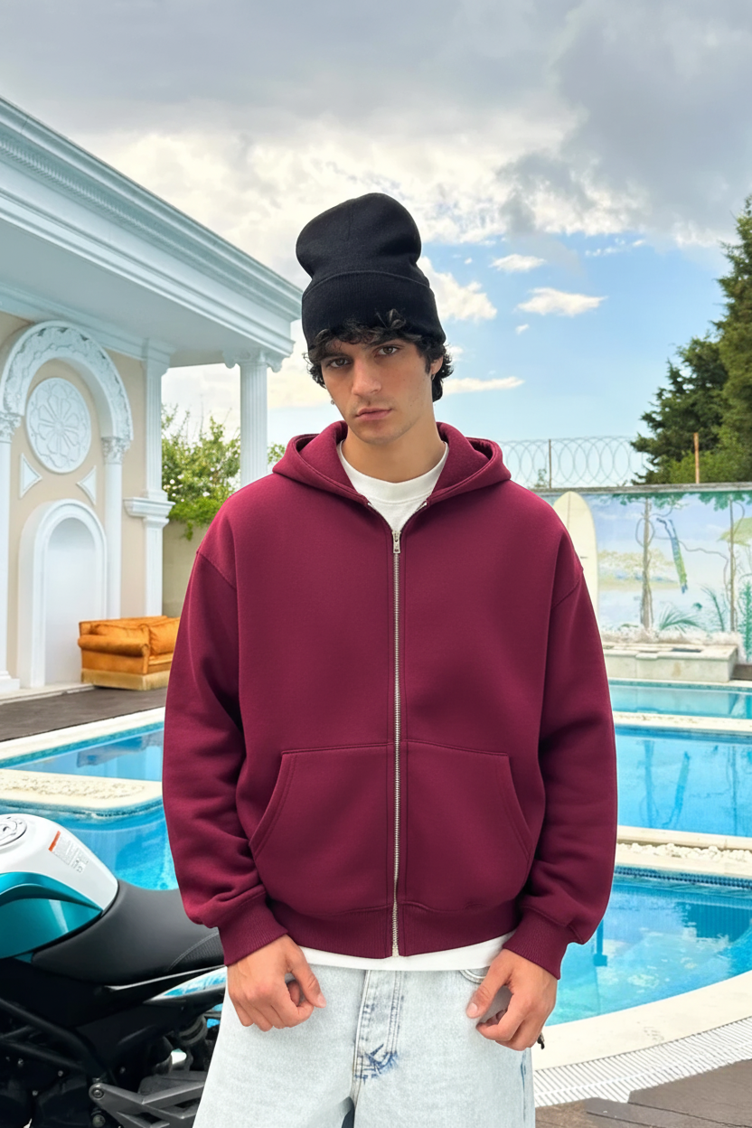 Premium Heavy Zip Hoodie - In Burgendy