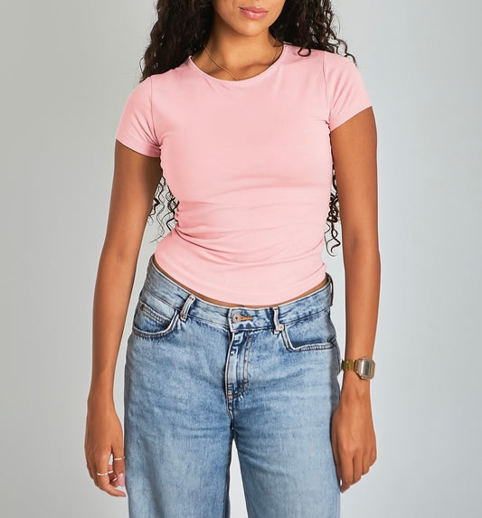 Baby Pink Round Neck Cotton Basic Top – Double Layered |