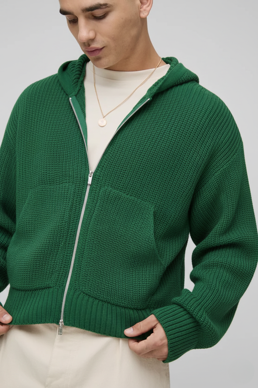 Premium Knitted Zip-Up Hoodie - In Dark Green