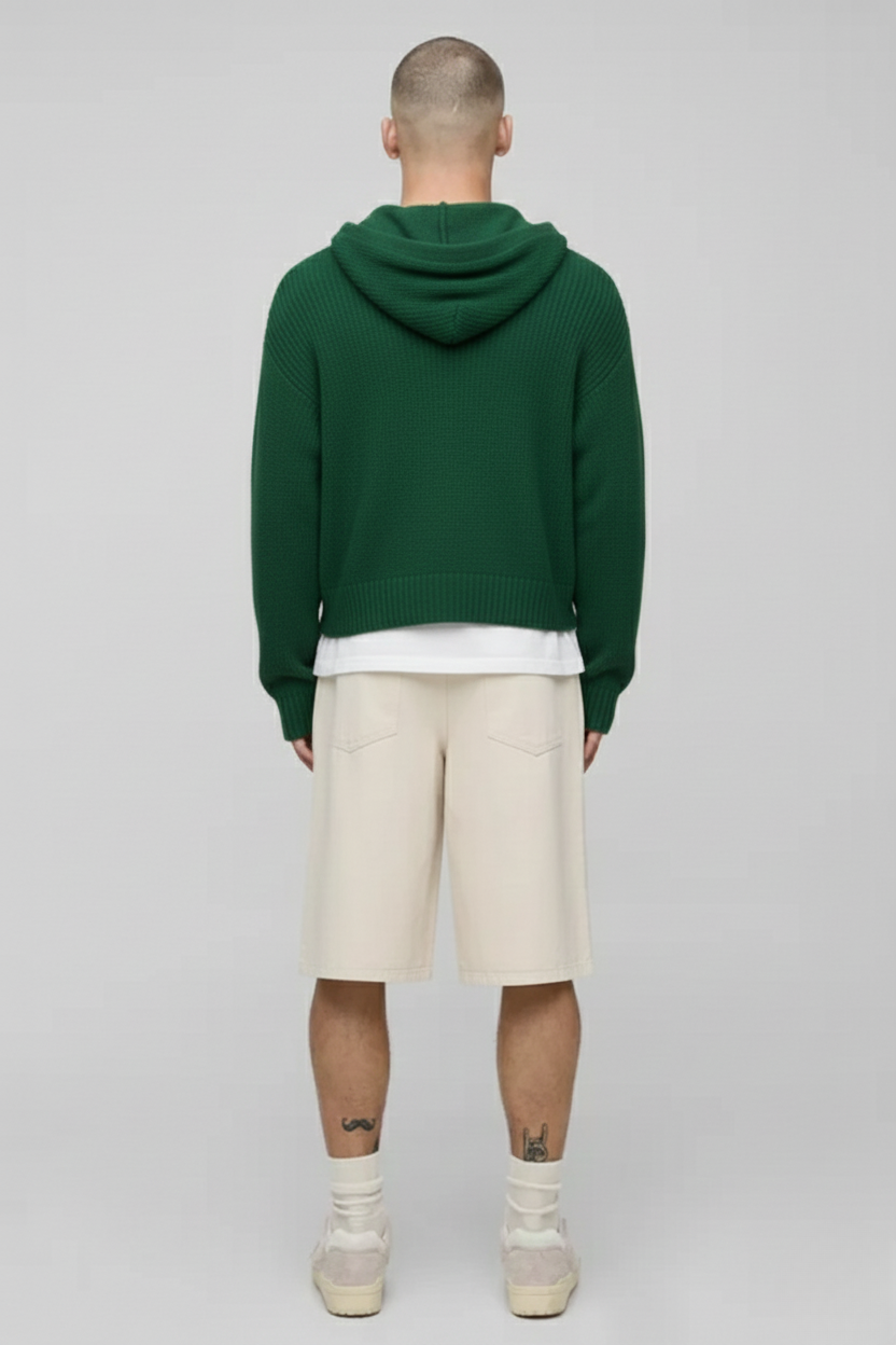 Premium Knitted Zip-Up Hoodie - In Dark Green