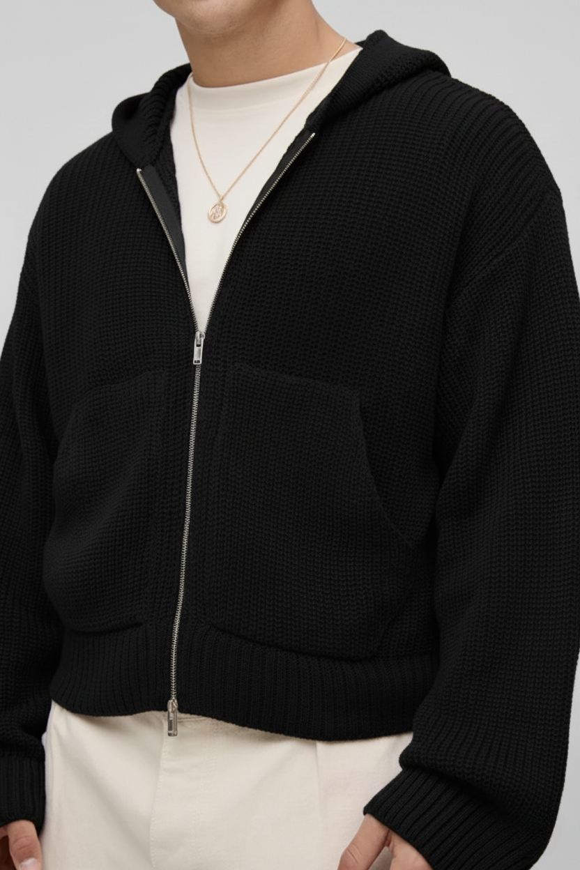 Premium Knitted Zip Up Hoodie - In Black