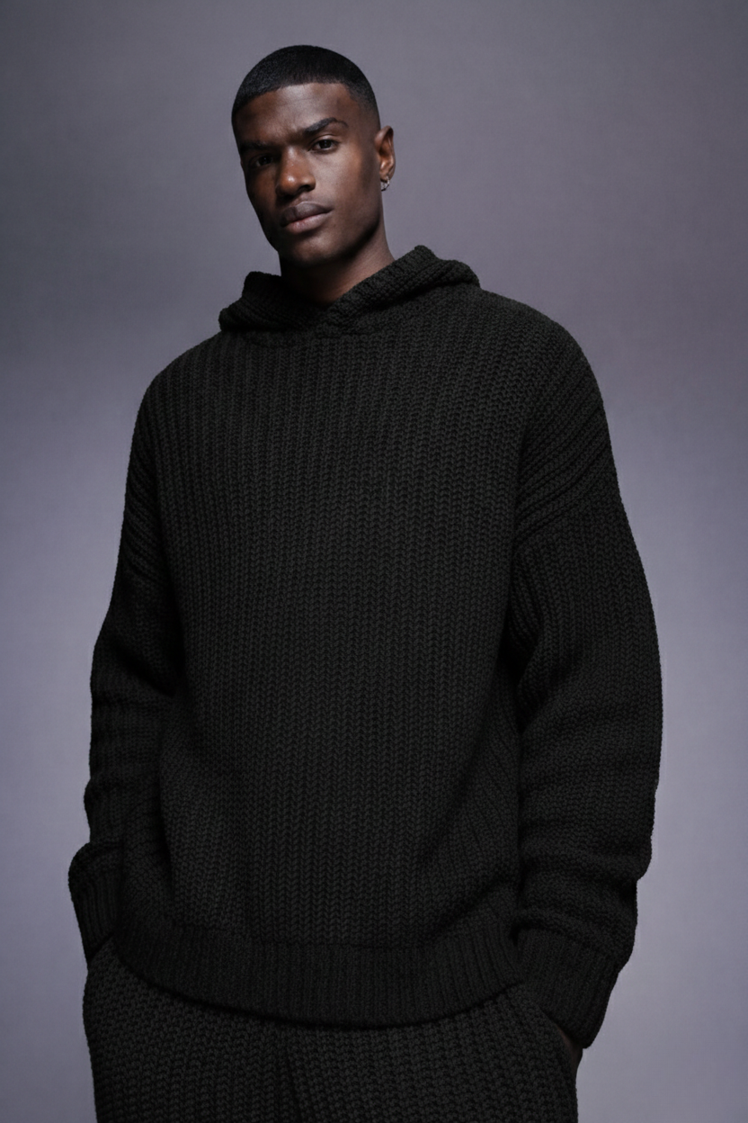 Black Knit Hoodie Sweater