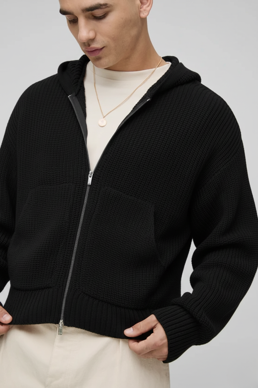 Premium Knitted Zip Up Hoodie - In Black