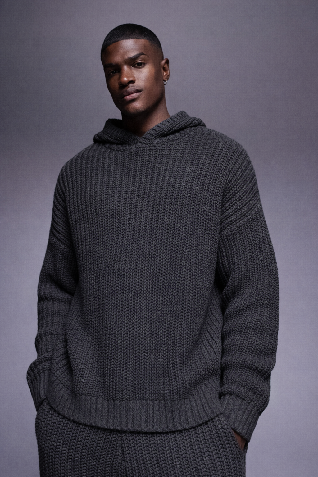 Dark Gray Knit Hoodie Sweater