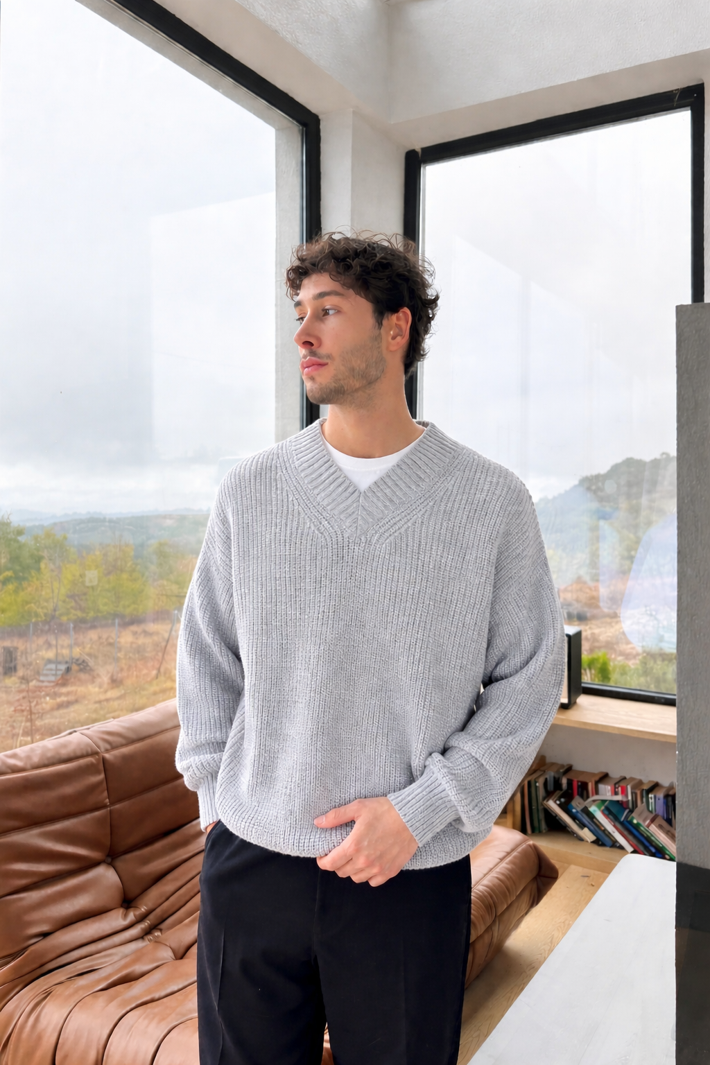 Gray  Knitted V-Neck Sweater