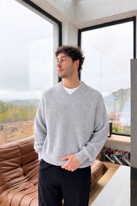 Gray  Knitted V-Neck Sweater