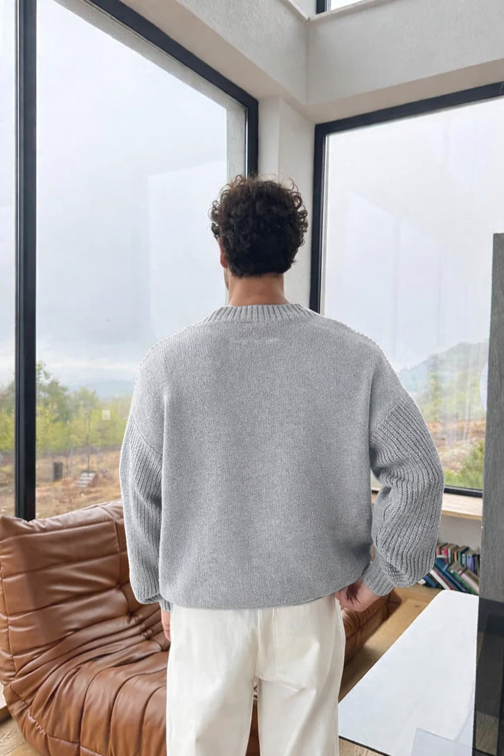 Gray  Knitted V-Neck Sweater