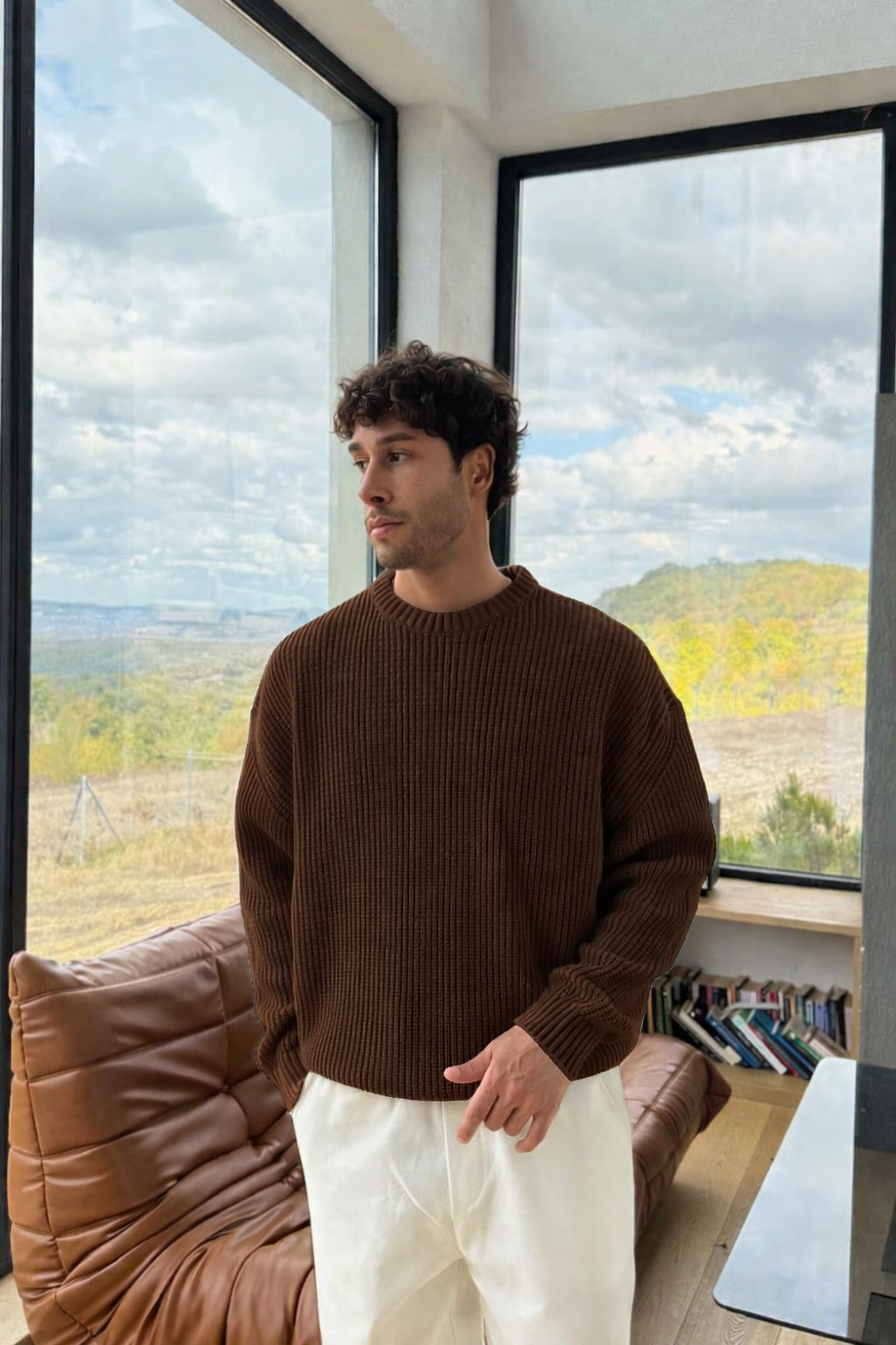 Brown Knit Crewneck Sweater