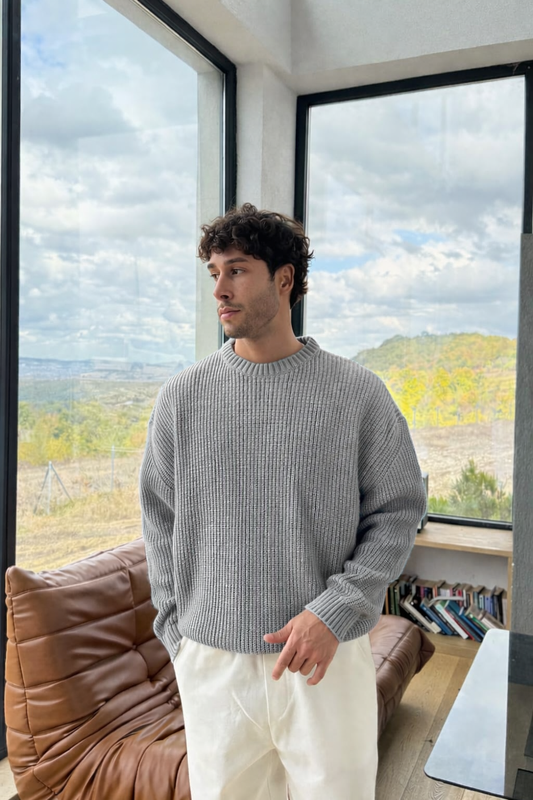 Gray Knit Crewneck Sweater