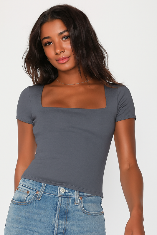Iron Gray Square Neck Cotton Basic Top – Double Layered |