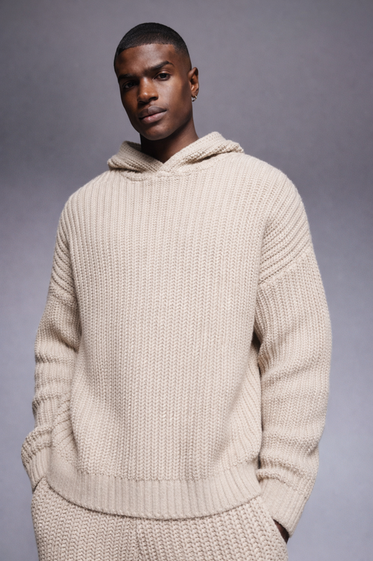 Biege Knit Hoodie Sweater