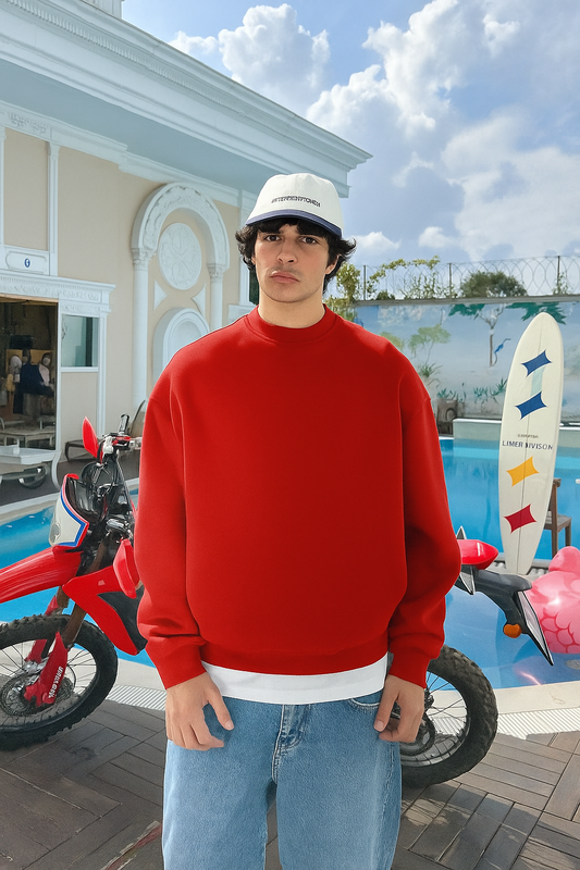 Red Basic Oversized Crew Neck Sweater