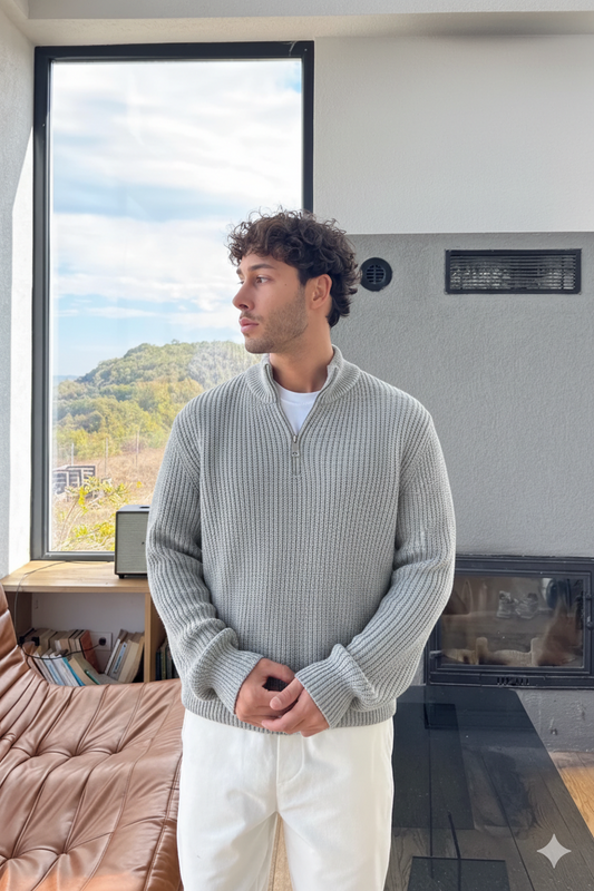 Light Grey Half-Zip Knit Sweater