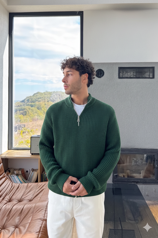 Dark Green Half-Zip Knit Sweater