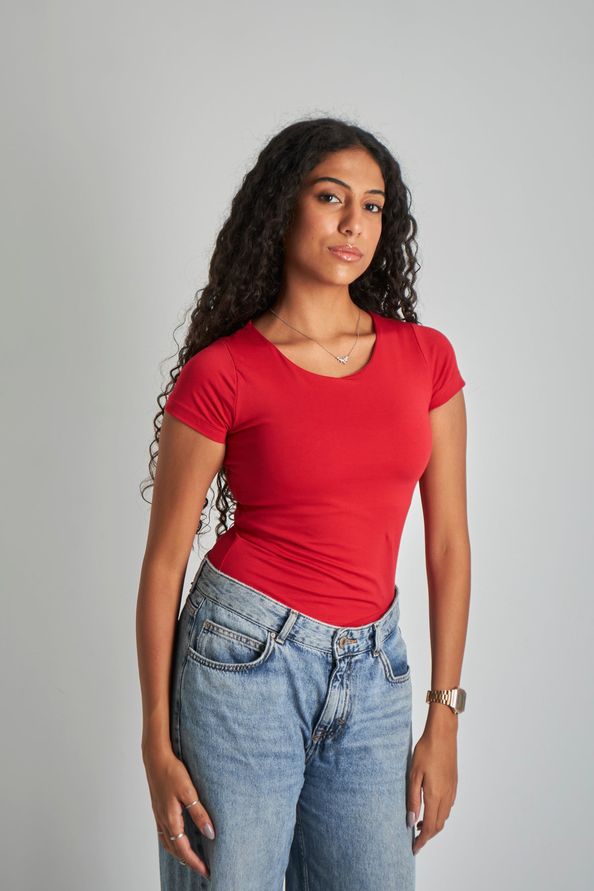 Red U -Shaped Neck Cotton Basic Top – Double Layered |