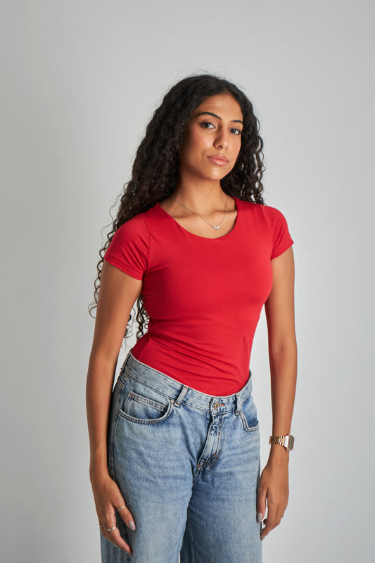 Red U -Shaped Neck Cotton Basic Top – Double Layered |