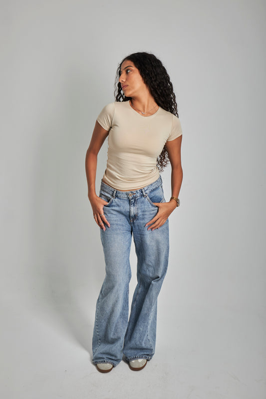 Biege Round Neck Cotton Basic Top – Double Layered |