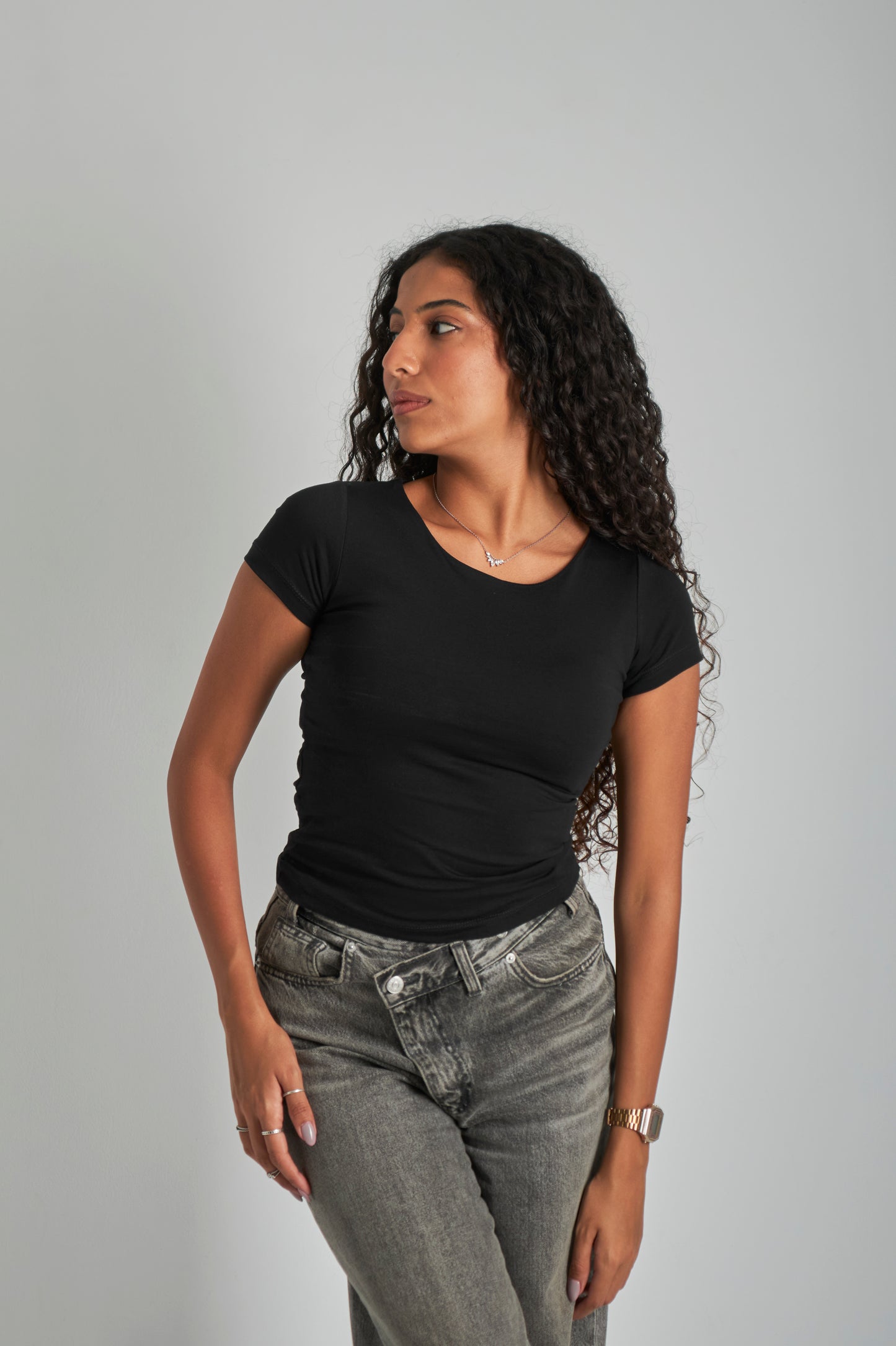 Black U -Shaped Neck Cotton Basic Top – Double Layered |