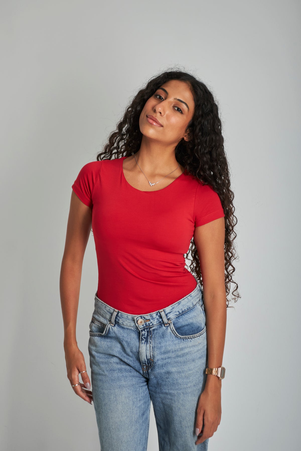 Red U -Shaped Neck Cotton Basic Top – Double Layered |