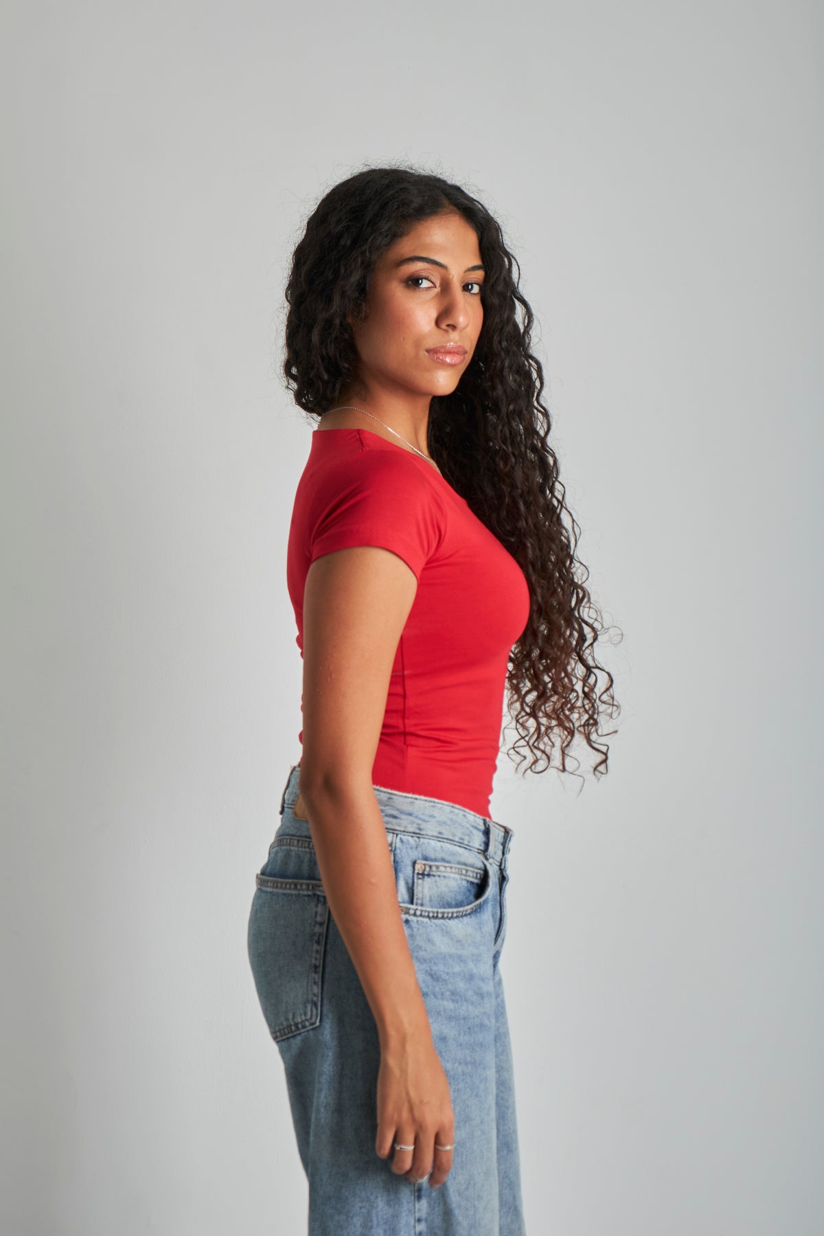 Red U -Shaped Neck Cotton Basic Top – Double Layered |