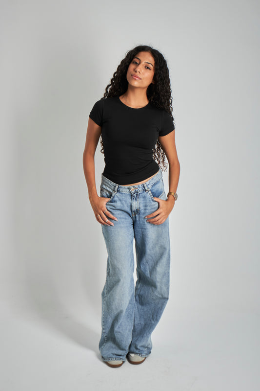 Black  Round Neck Cotton Basic Top – Double Layered |