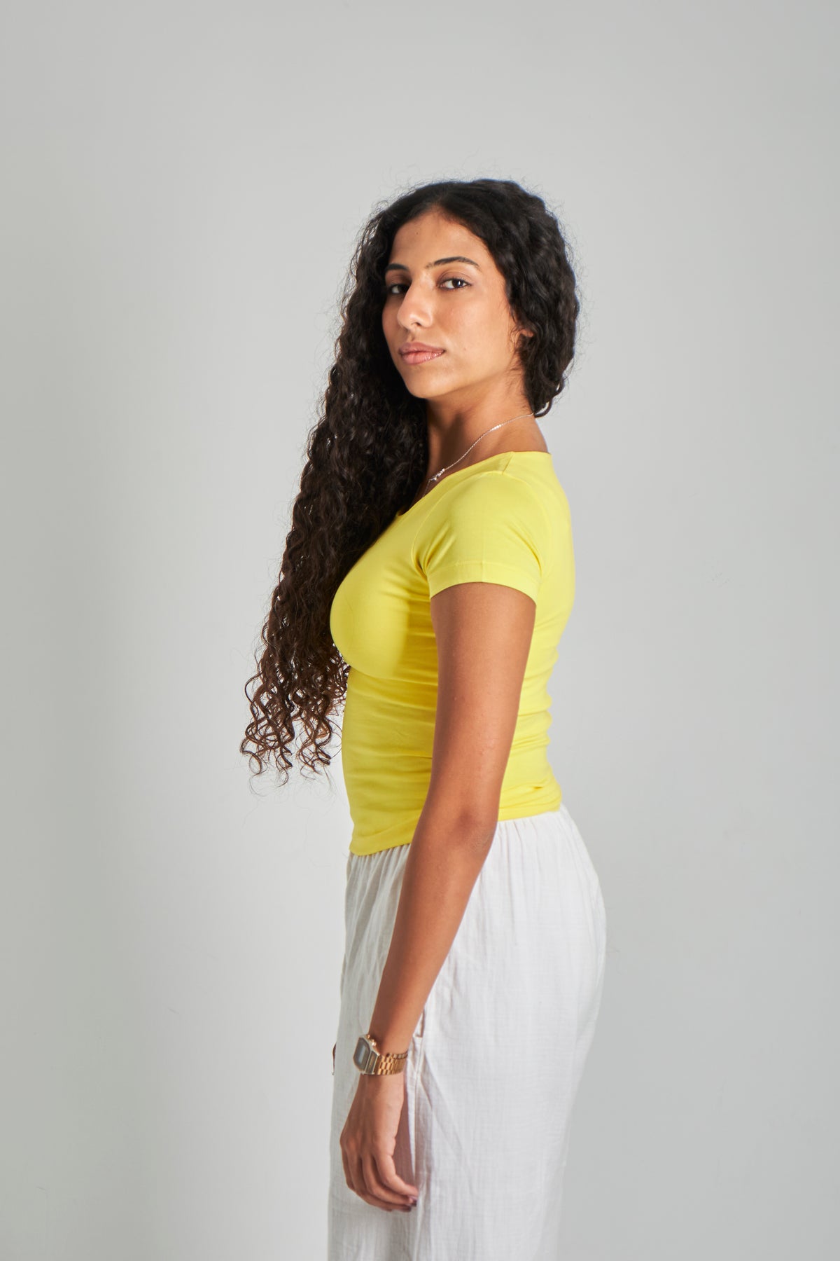 Yellow U -Shaped Neck Cotton Basic Top – Double Layered |