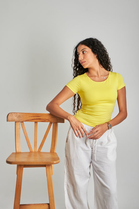 Yellow U -Shaped Neck Cotton Basic Top – Double Layered |