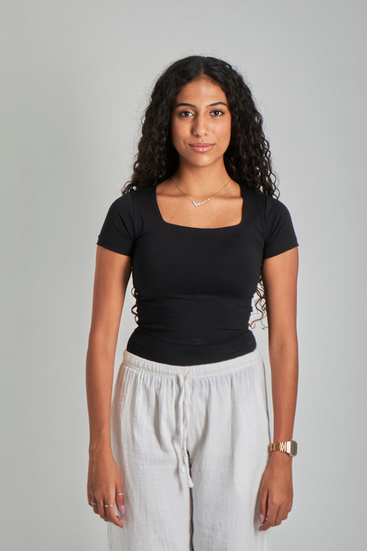 Black Square Neck Cotton Basic Top – Double Layered |