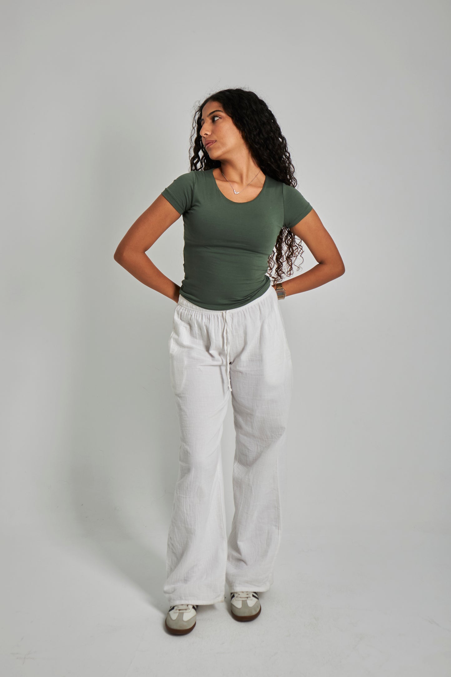 Army Green U -Shaped Neck Cotton Basic Top – Double Layered |