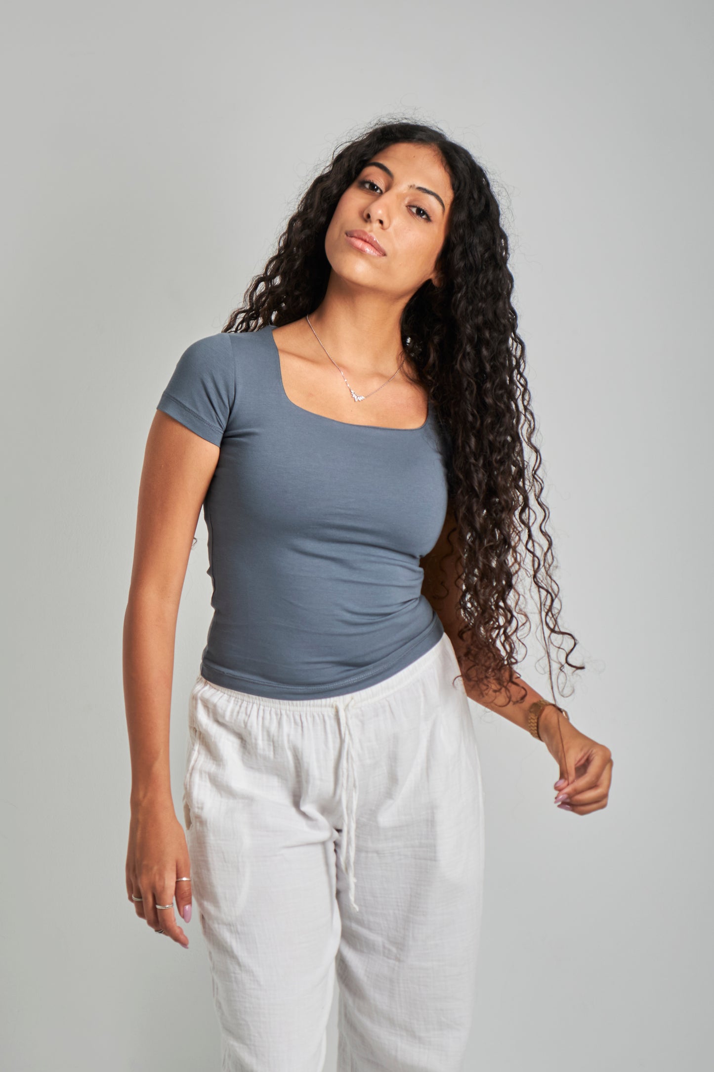 Iron Gray Square Neck Cotton Basic Top – Double Layered |