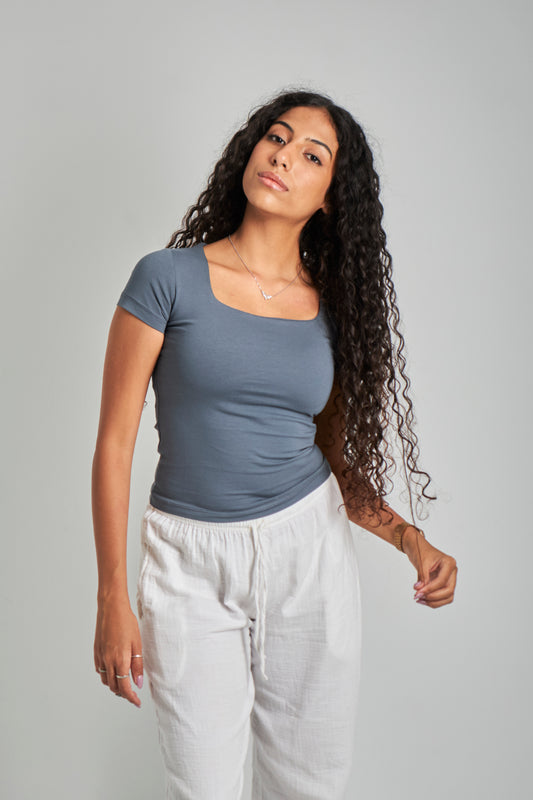 Iron Gray Square Neck Cotton Basic Top – Double Layered |