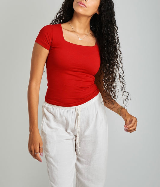 Red Square Neck Cotton Basic Top – Double Layered |