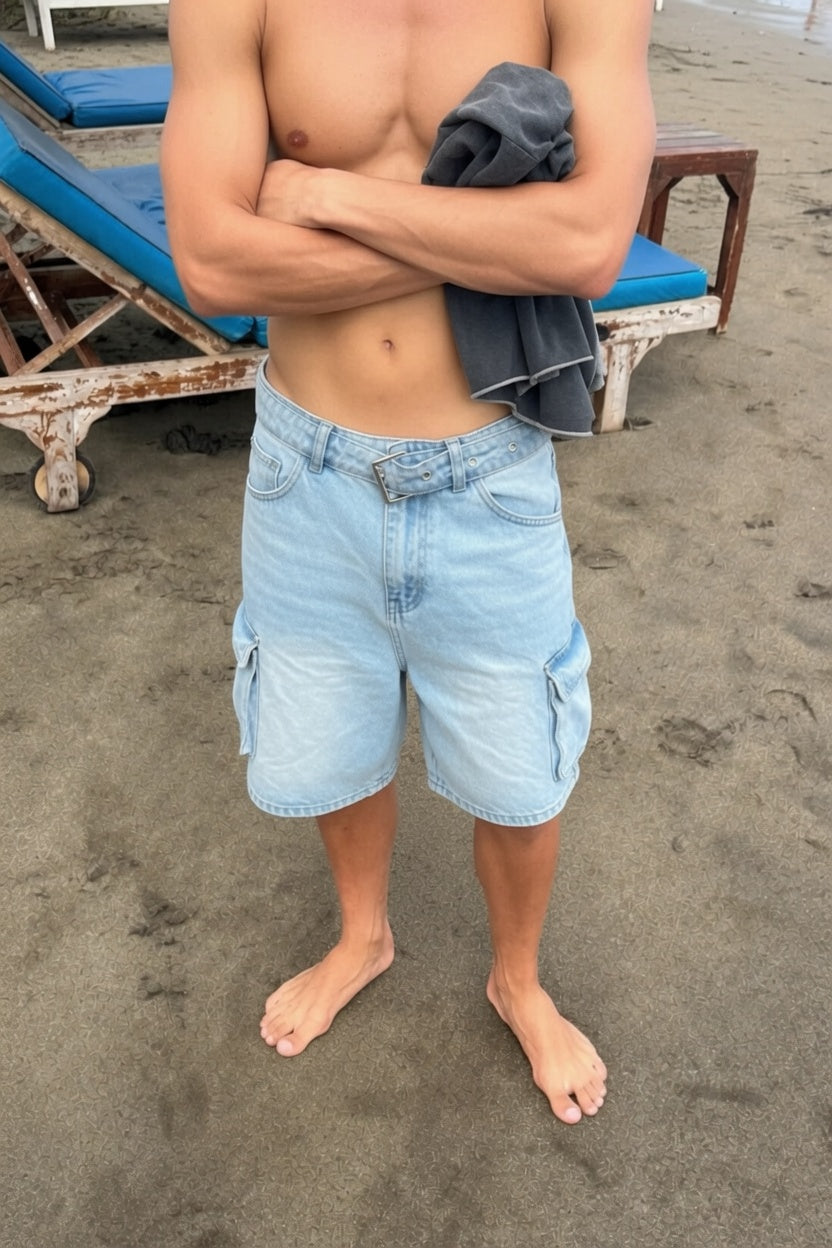 Light Blue Washed Cargo Denim Short