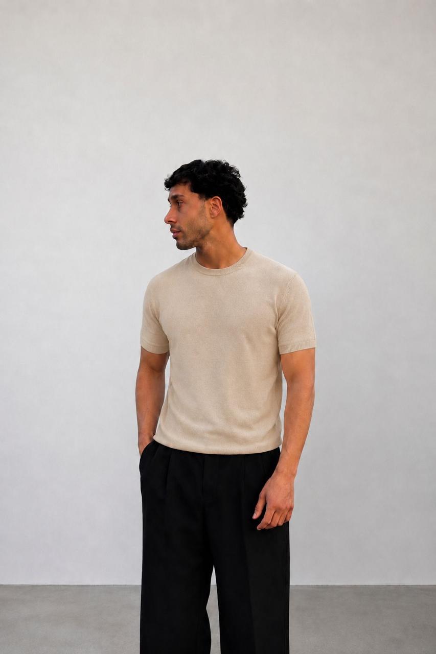 Beige Knit Round Neck Tee