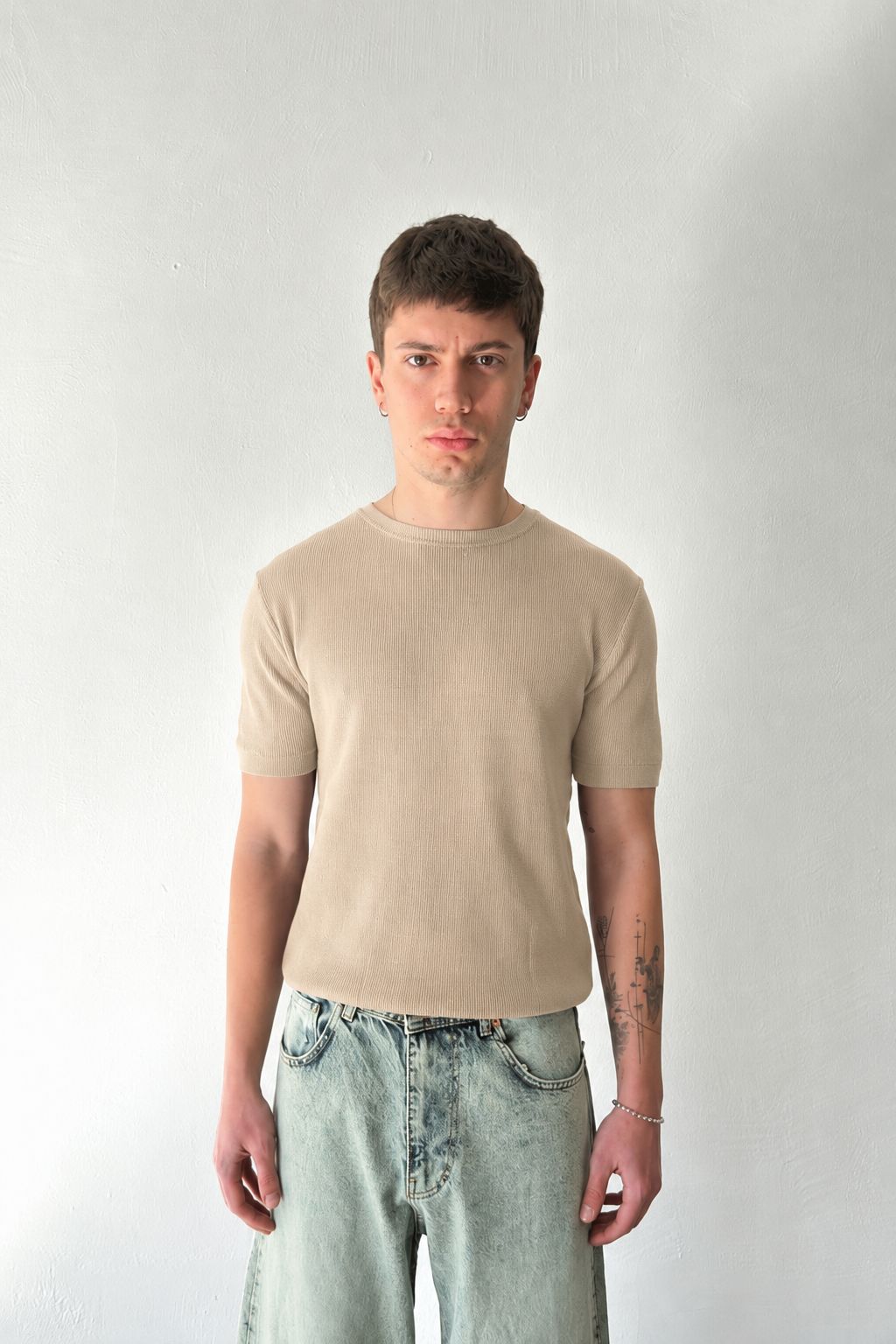 Beige Premium Ribbed Knit Tee