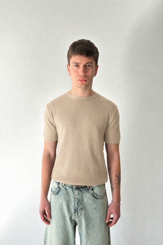 Beige Premium Ribbed Knit Tee