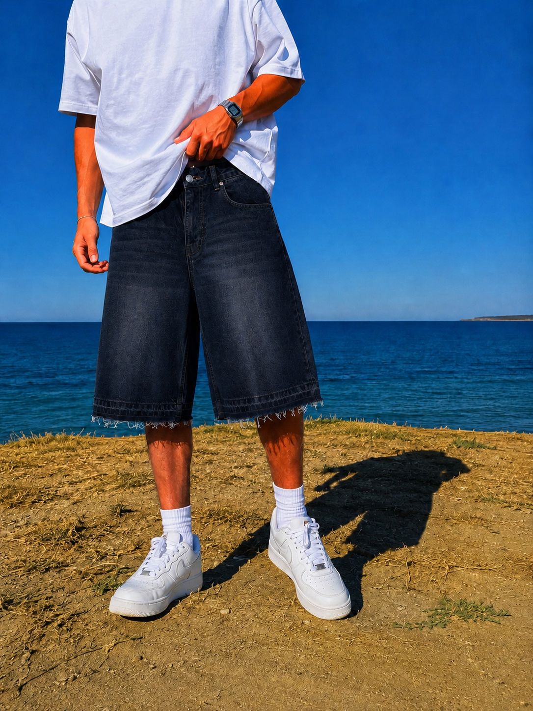 Black Washed Unfinished Denim Short