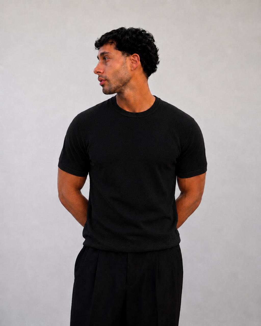 Black Knit Round Neck Tee