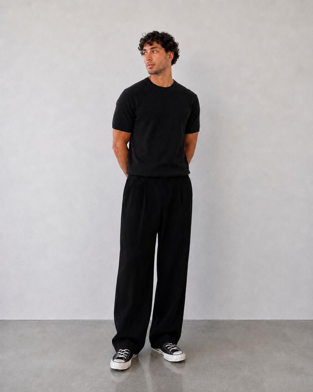 Black Knit Round Neck Tee