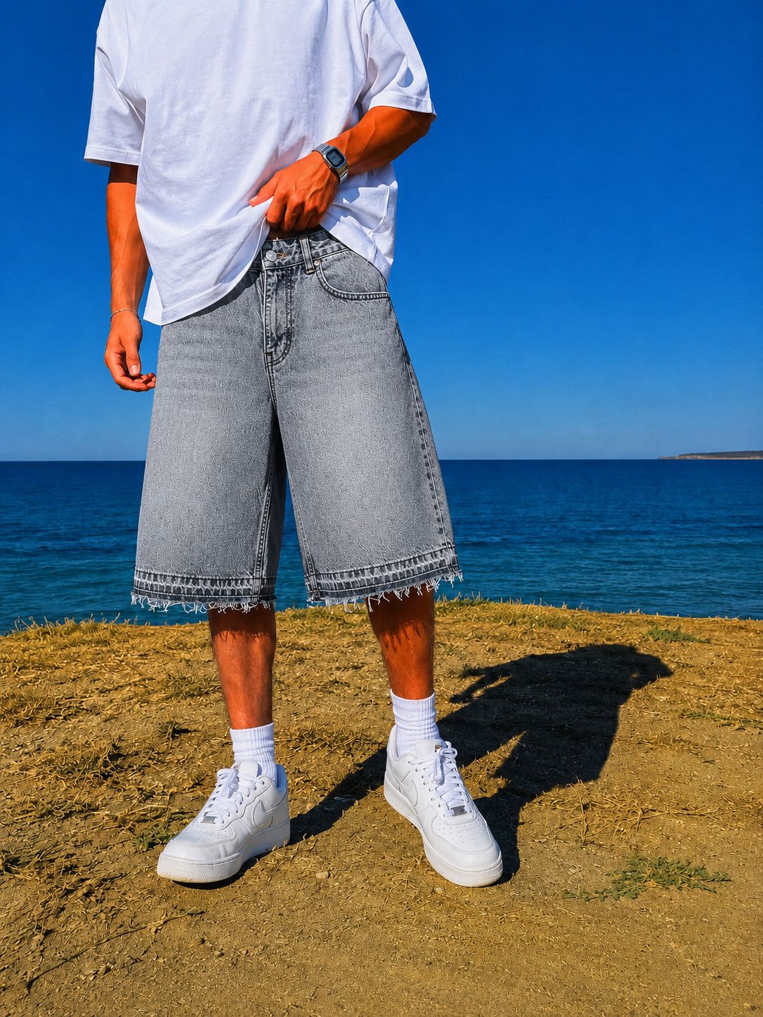 Dark Gray Washed Unfinished Denim Short