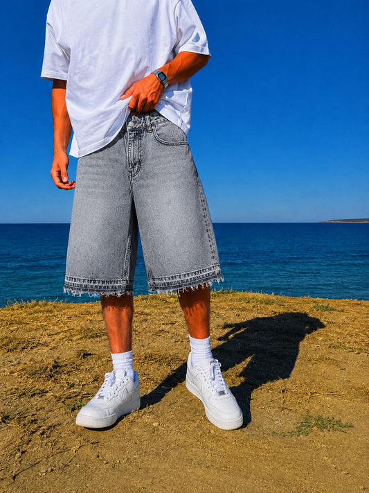 Dark Gray Washed Unfinished Denim Short