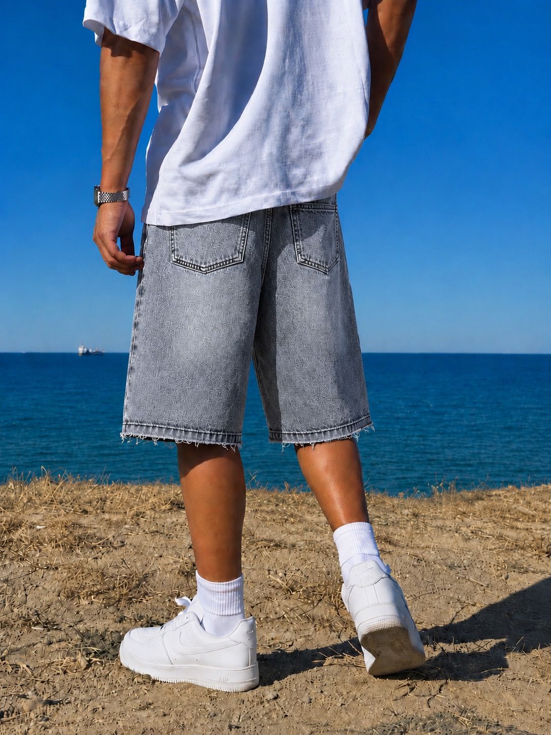 Dark Gray Washed Unfinished Denim Short
