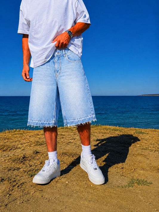 Ice Blue Washed Unfinished Denim Short