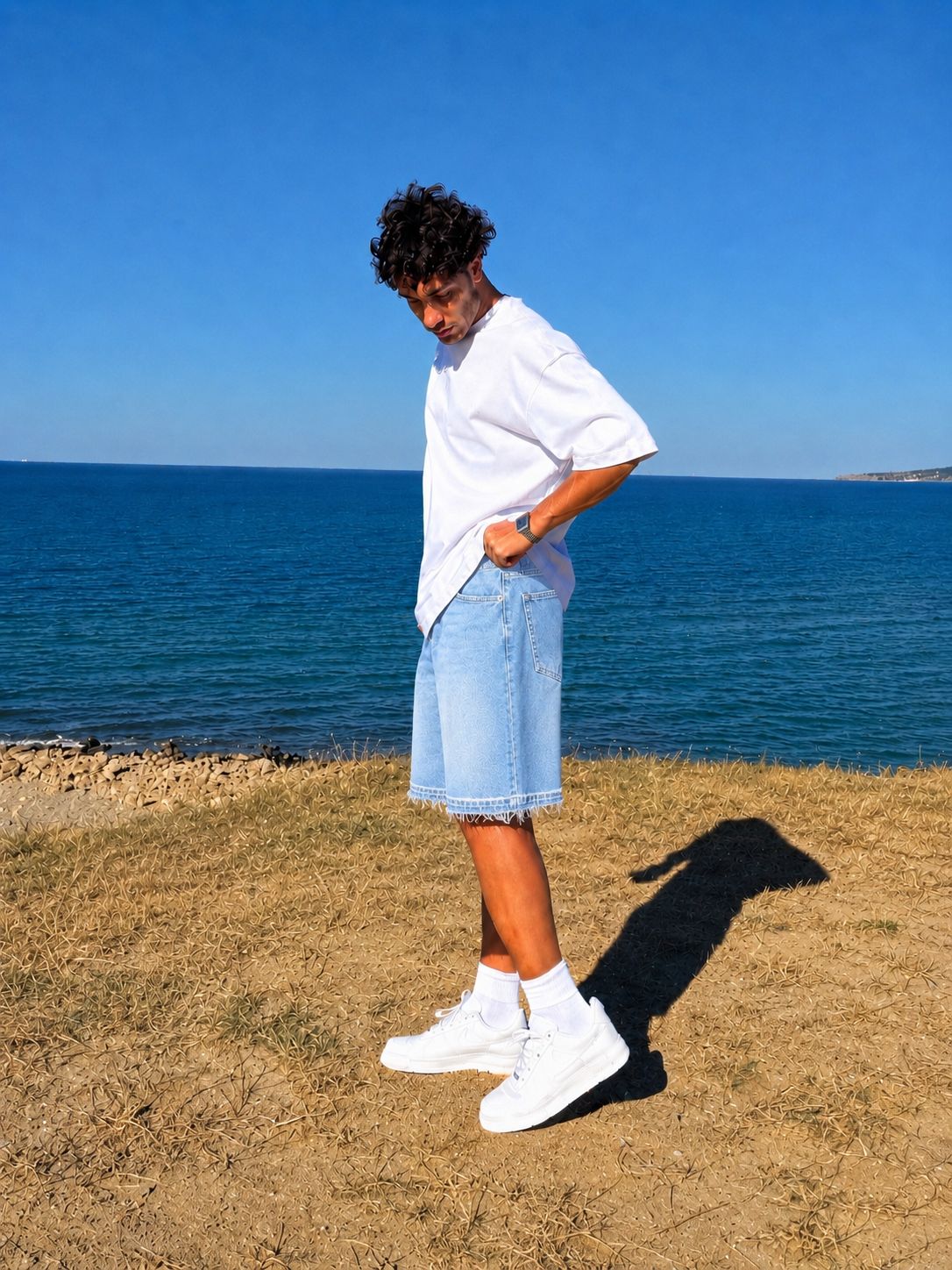 Ice Blue Washed Unfinished Denim Short