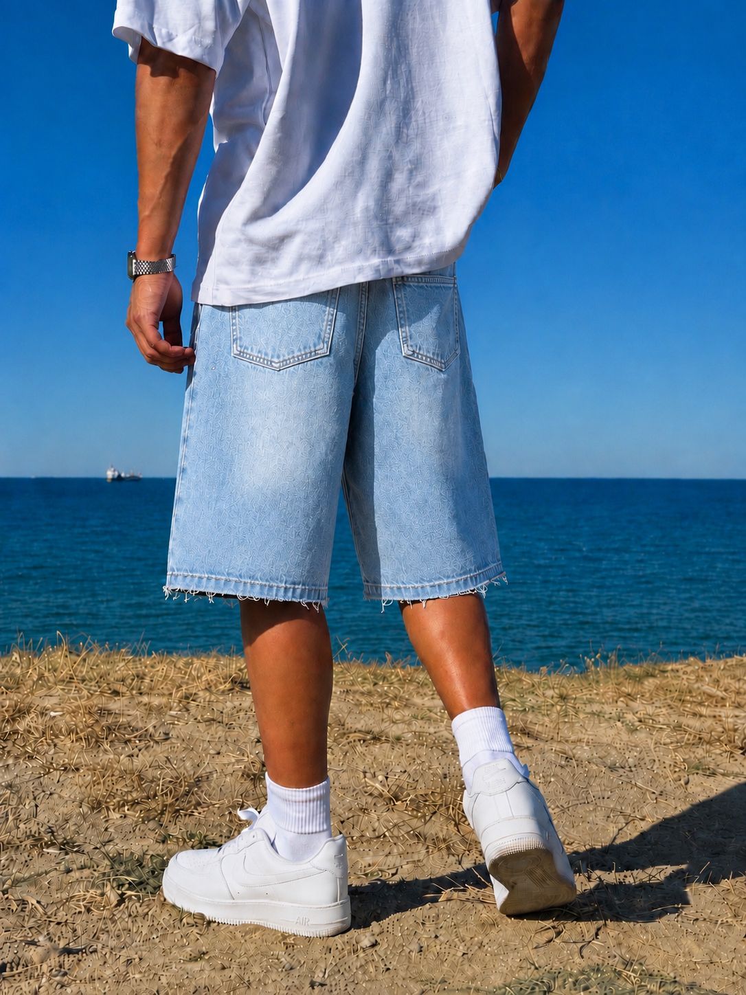 Ice Blue Washed Unfinished Denim Short