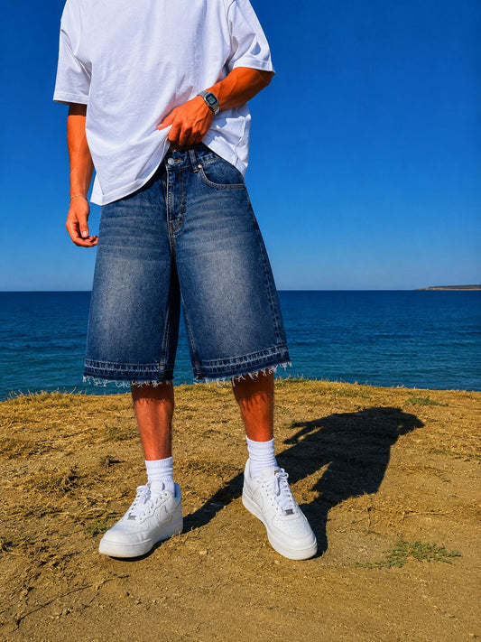 Vintage Blue Washed Unfinished Denim Short