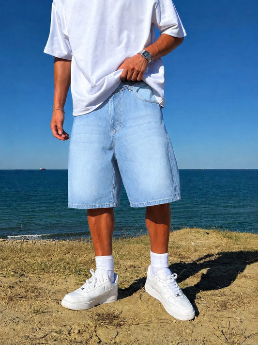 Ice Blue Washed Baggy Denim Short