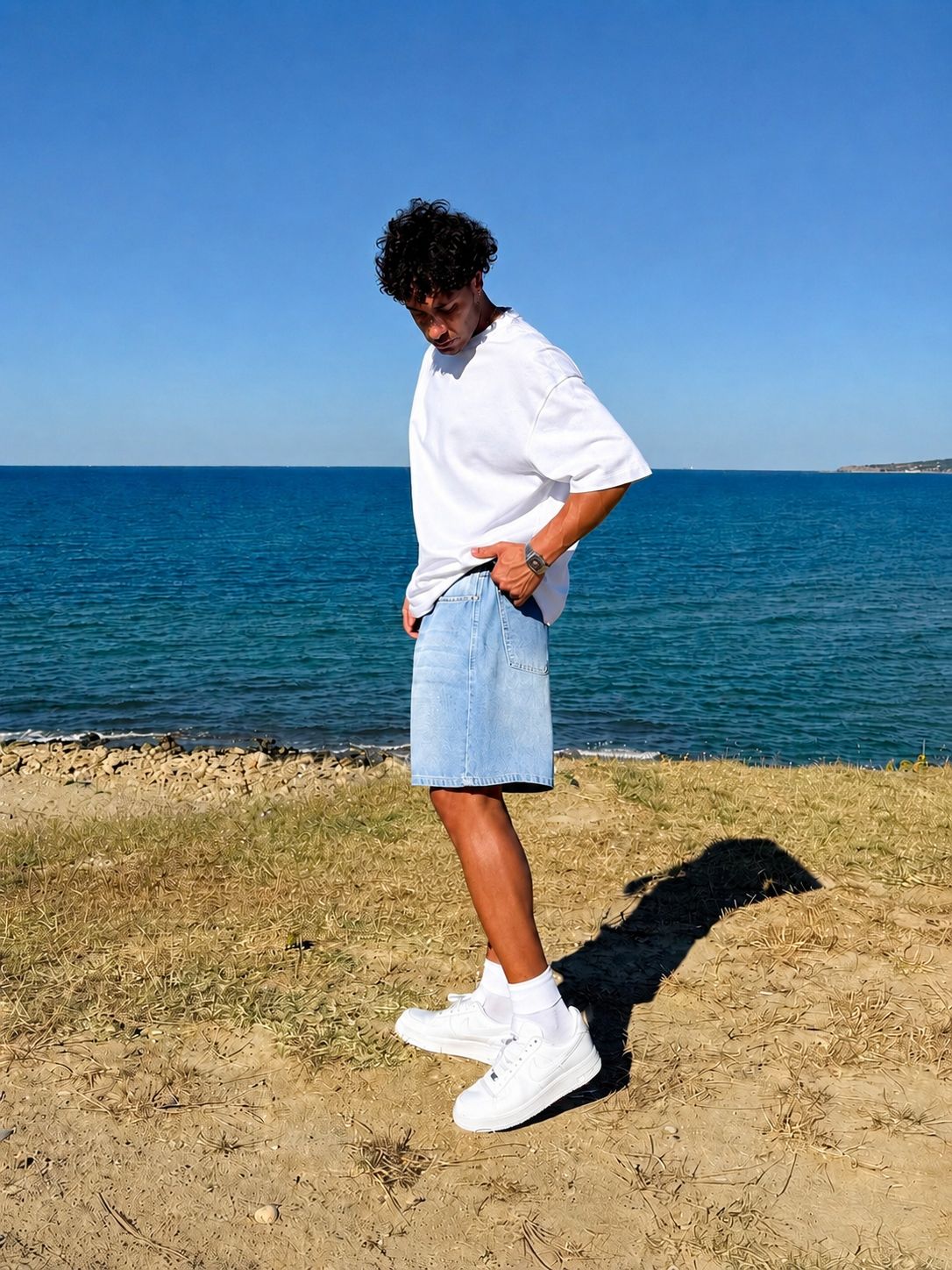 Ice Blue Washed Baggy Denim Short